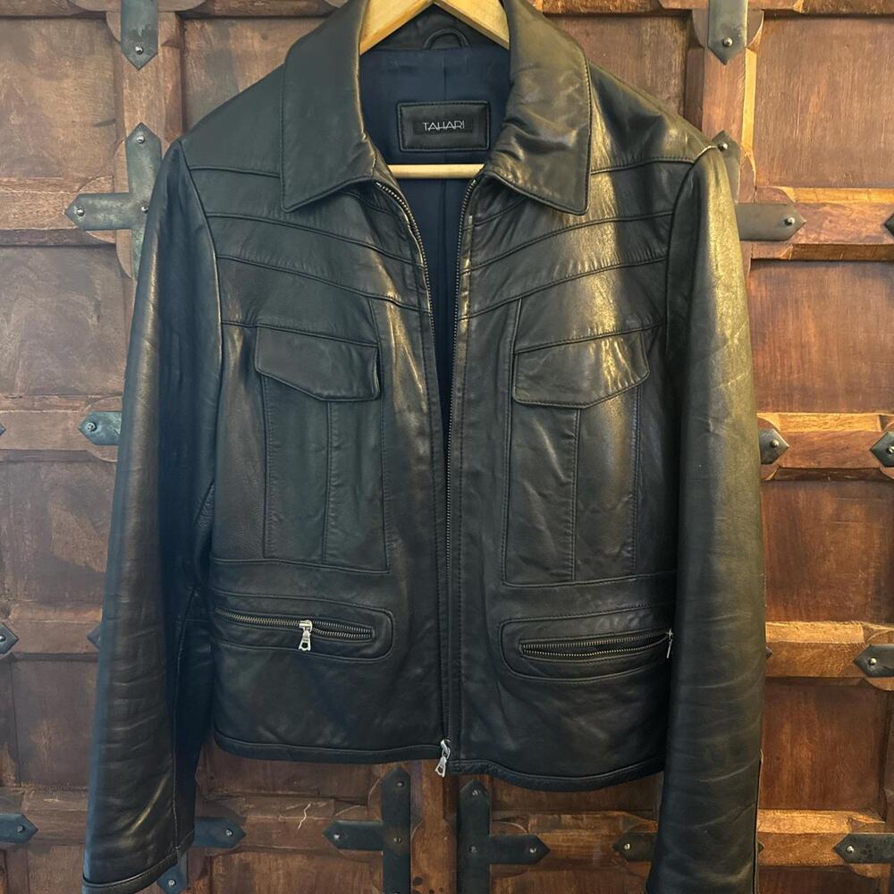 Vintage Tahari All Black Supple Leather zip up Moto Jacket Medium